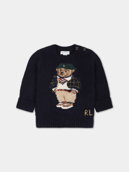 Maglione blu per neonato con orso e logo,Ralph Lauren Kids,918362001