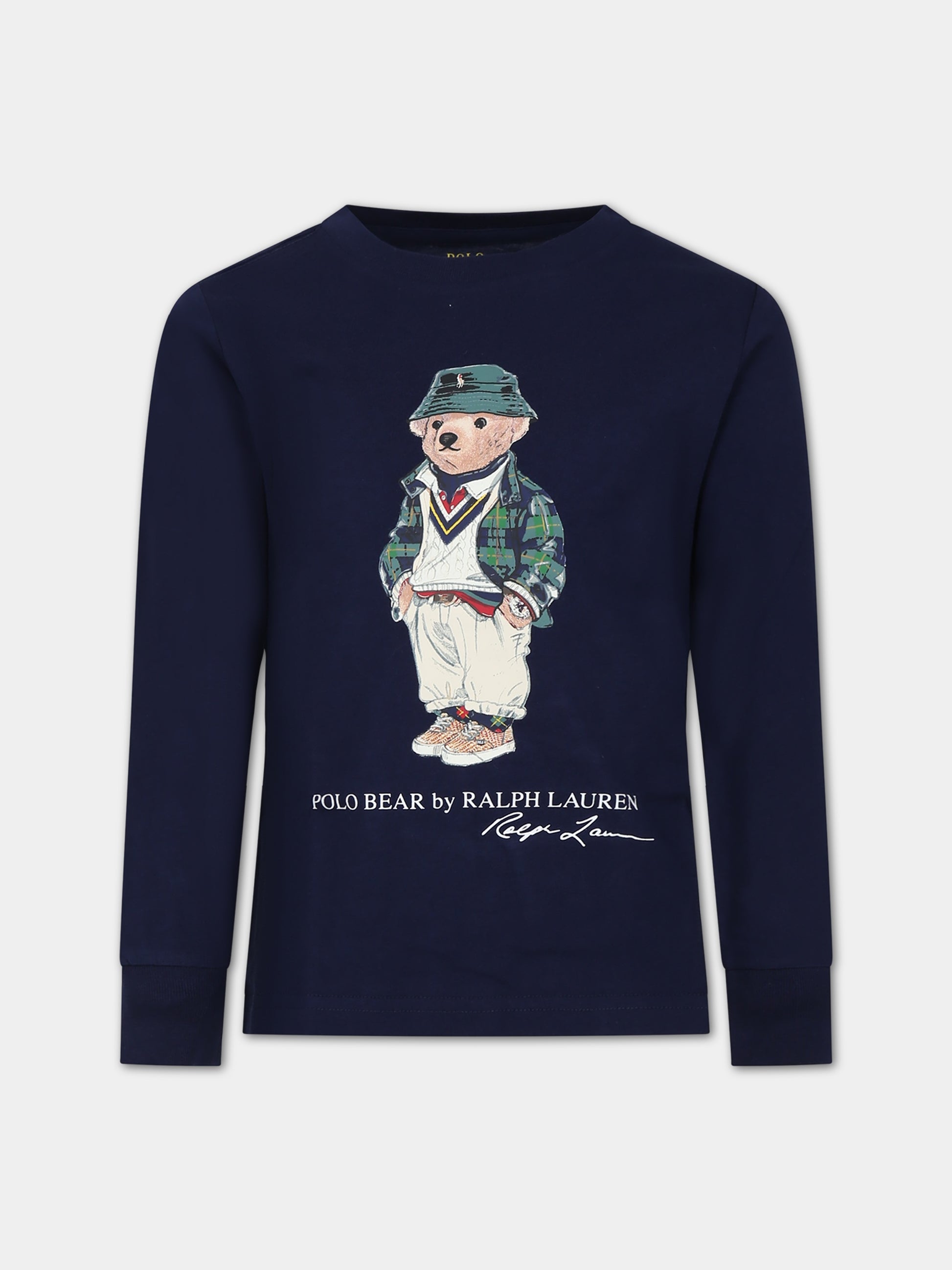 T-shirt blu per bambino con orso e logo,Ralph Lauren Kids,883620003