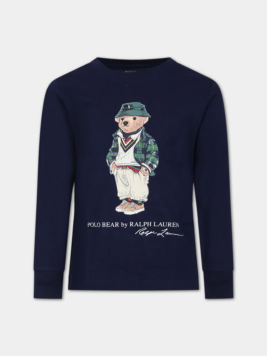T-shirt blu per bambino con orso e logo,Ralph Lauren Kids,883620003