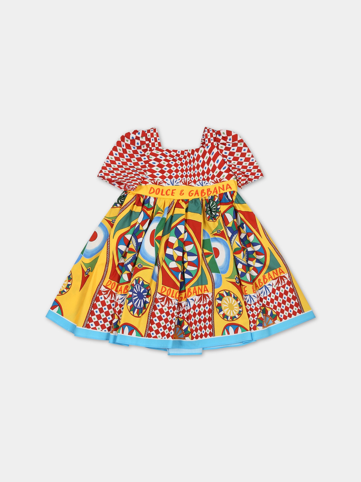 Vestito rosso per neonata con logo e stampa carretto,Dolce & Gabbana Kids,L21DI5 G7J9M HH4KV