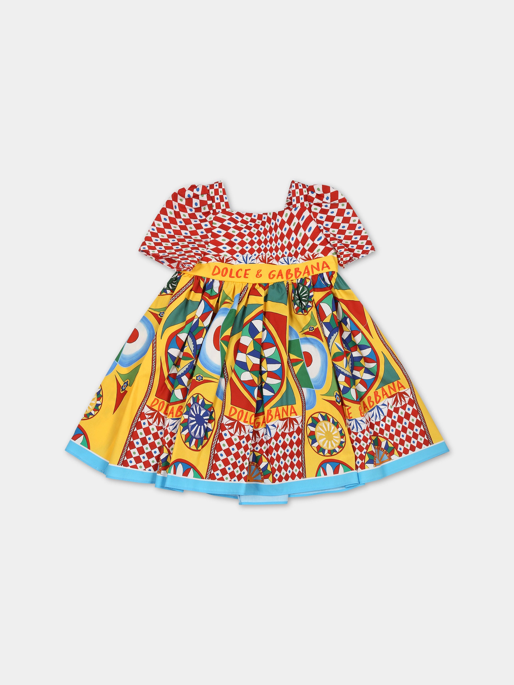 Vestito rosso per neonata con logo e stampa carretto,Dolce & Gabbana Kids,L21DI5 G7J9M HH4KV