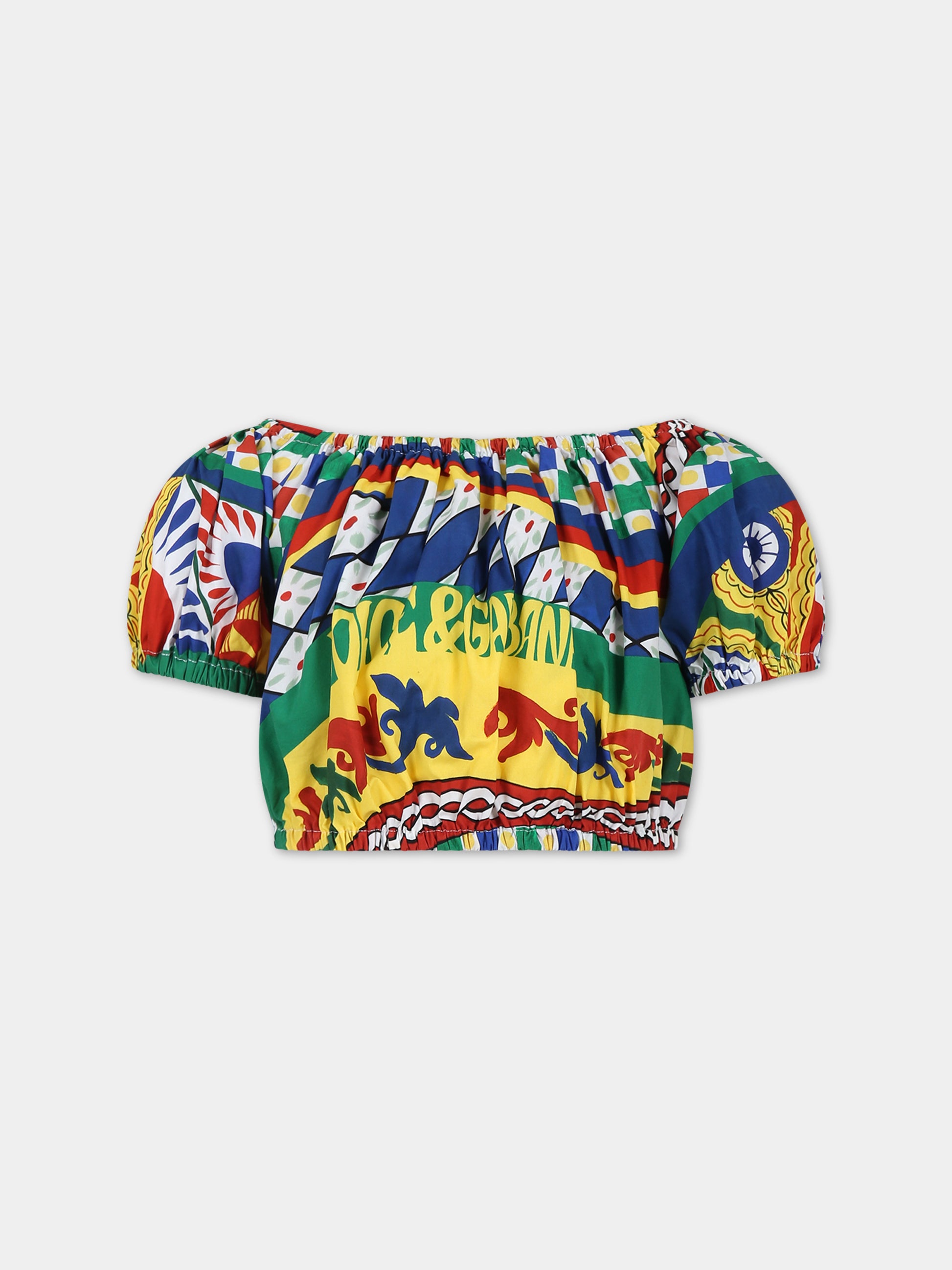 Top giallo per bambina con stampa carretto e logo,Dolce & Gabbana Kids,L55S88 G7J8Z HH4KW