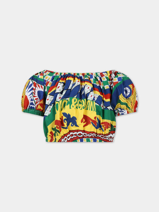 Top giallo per bambina con stampa carretto e logo,Dolce & Gabbana Kids,L55S88 G7J8Z HH4KW