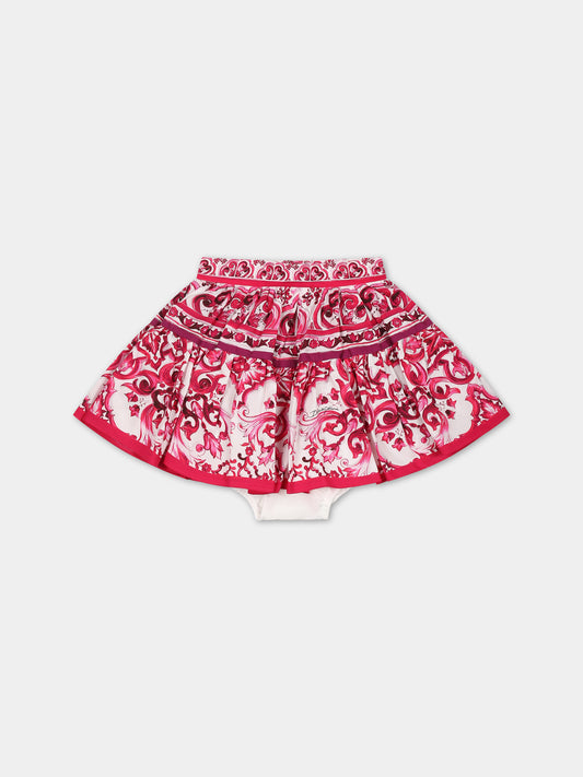 Gonna bianca per neonata con logo e maioliche fucsia,Dolce & Gabbana Kids,L24I49 G7J5U HE3TN