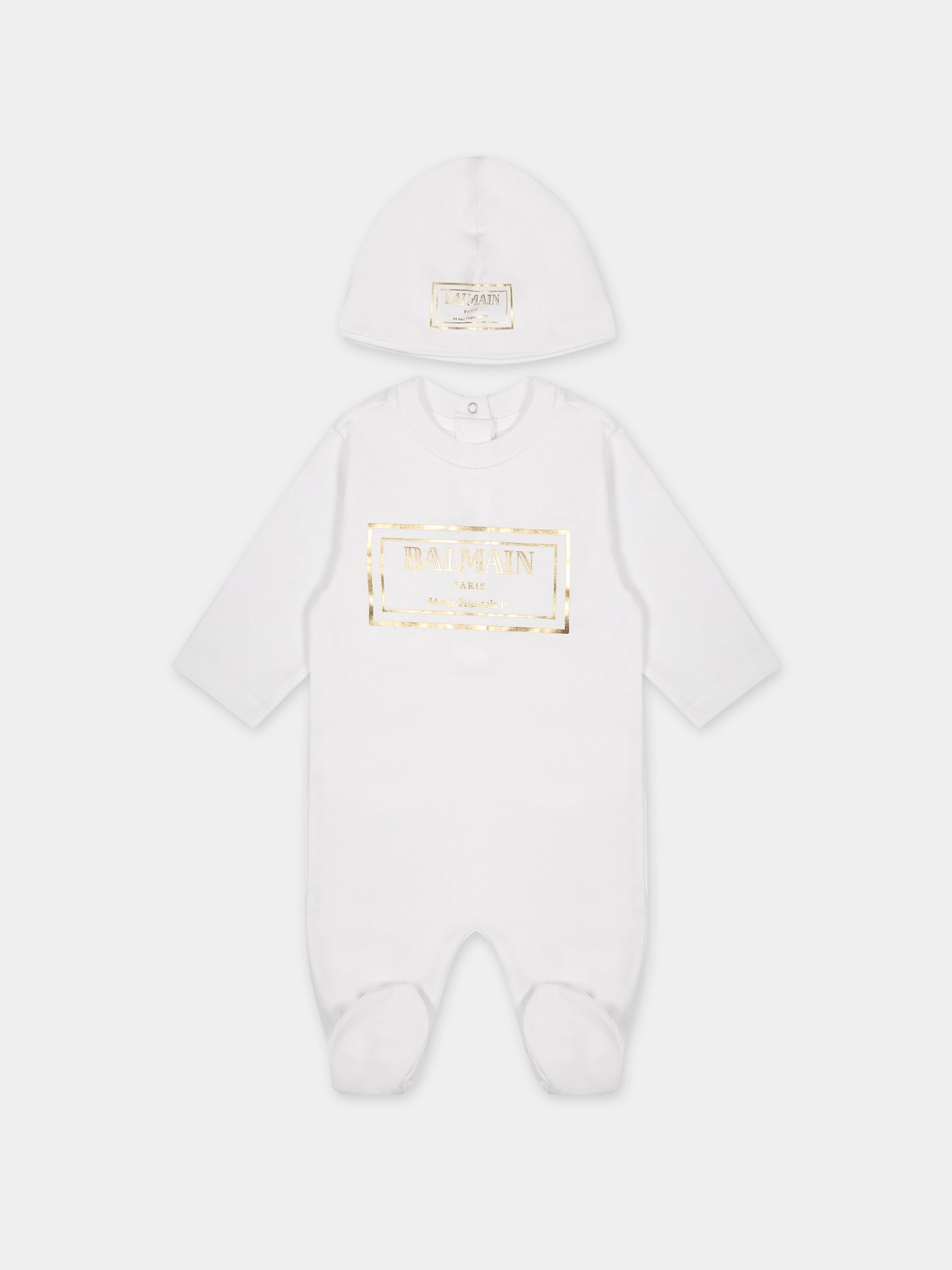 Set bianco per neonati con logo dorato,Balmain Kids,BTB610 Z1763 100OR