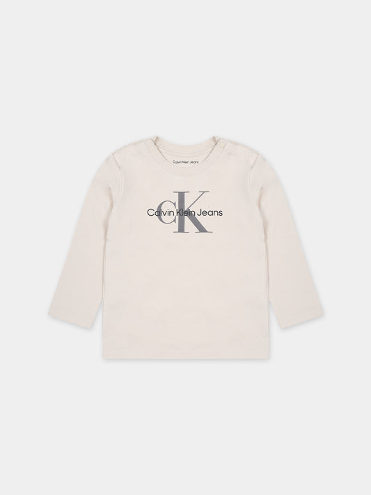 T-shirt avorio per neonati con logo,Calvin Klein Kids,23WMCKIN0IN00005 PGB