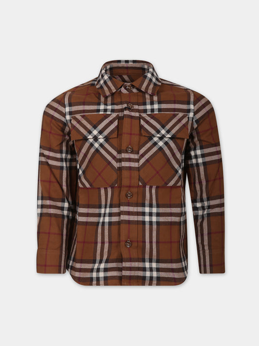 Camicia marrone per bambino con iconico check,Burberry Kids,8069329