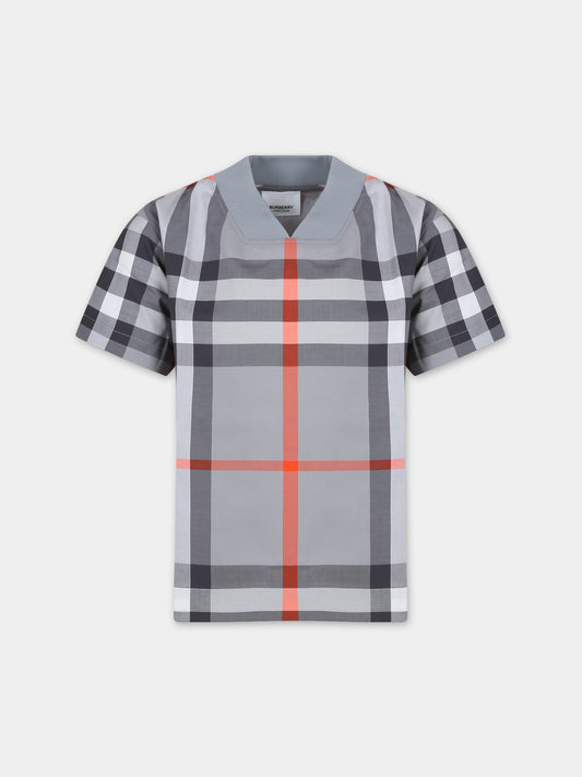 T-shirt a manica corta grigia per bambino con iconico check,Burberry Kids,8069330