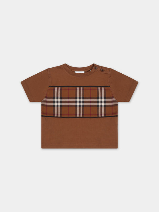 T-shirt marrone per neonato con iconico check,Burberry Kids,8070182