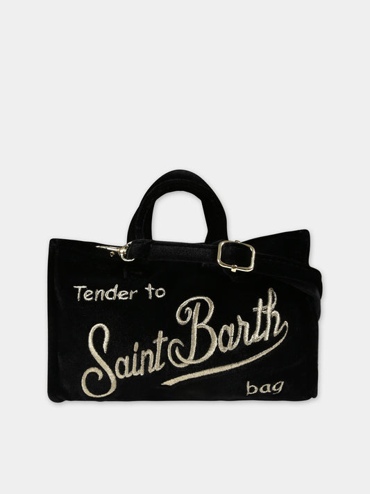 Borsa porta cellulare nera per bambina con logo,Mc2 Saint Barth,PHONE BAG VELVET 00 EMB