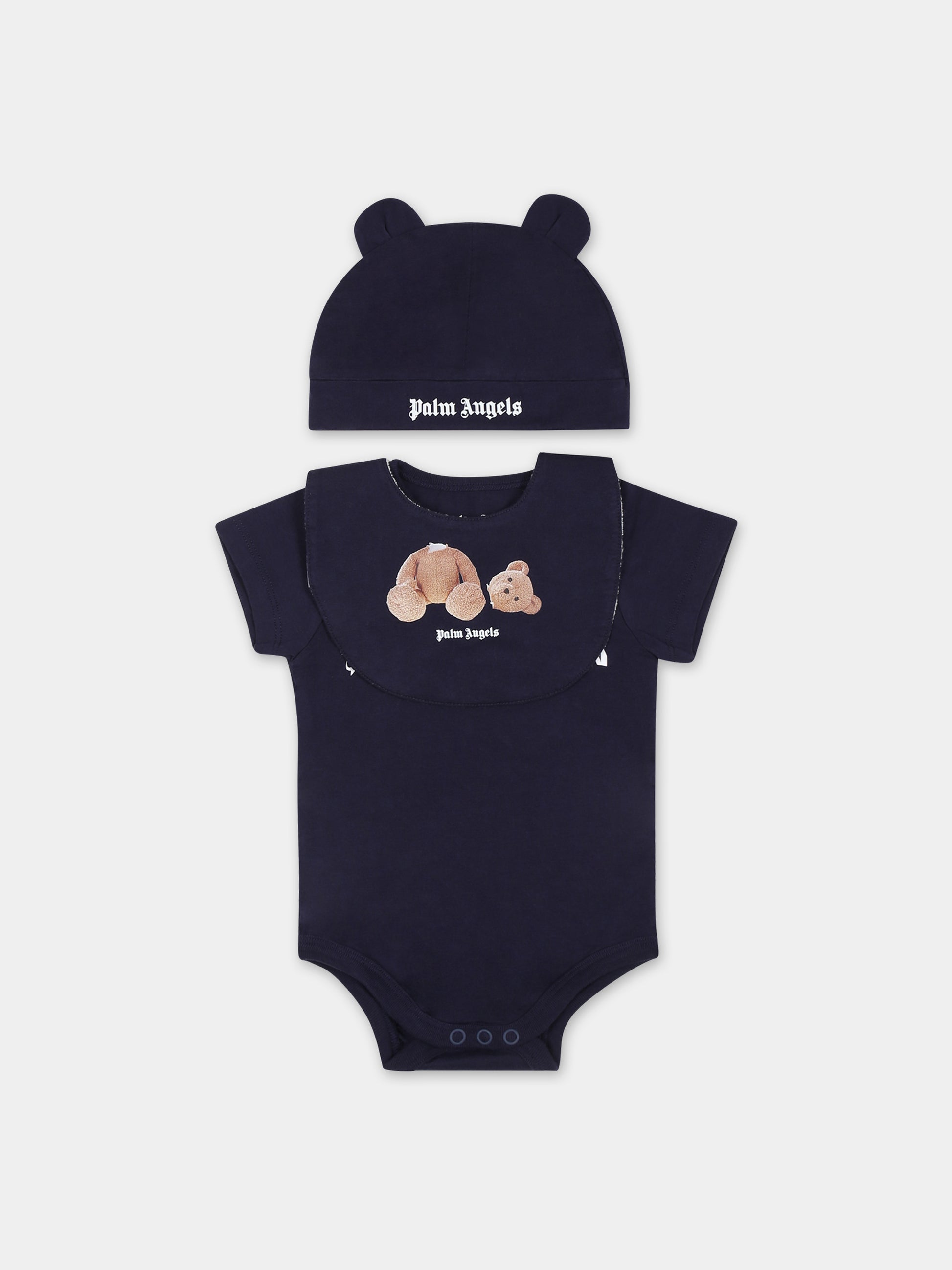 Set blu per neonati con logo e orso,Palm Angels,PB2X009F23JER0014601