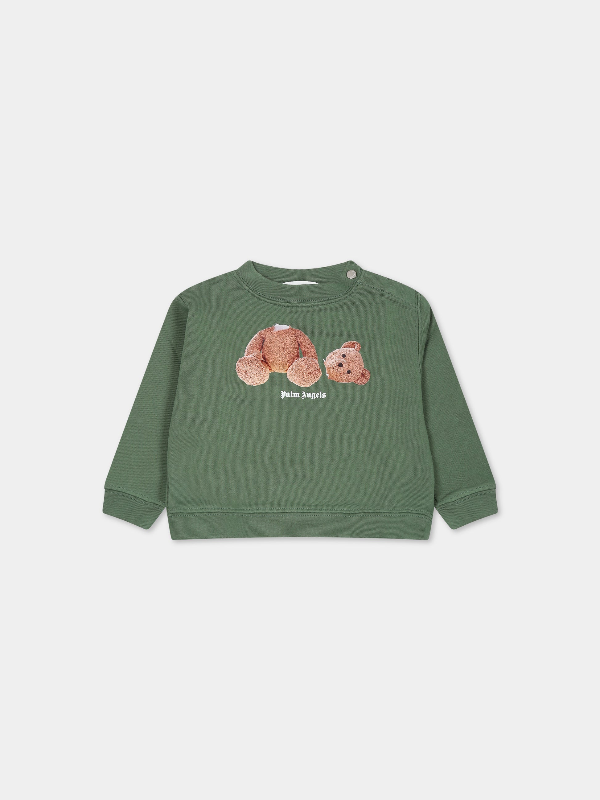 Felpa verde per neonato con orso e logo,Palm Angels,PBXC001F23FLE0025560