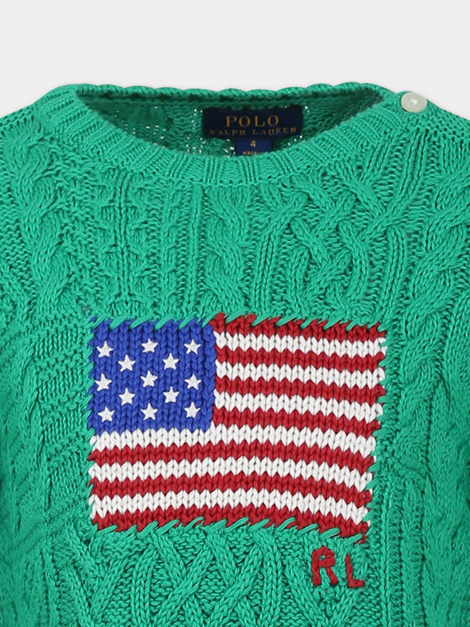 Maglione verde per bambina con iconica bandiera,Ralph Lauren Kids,925459001