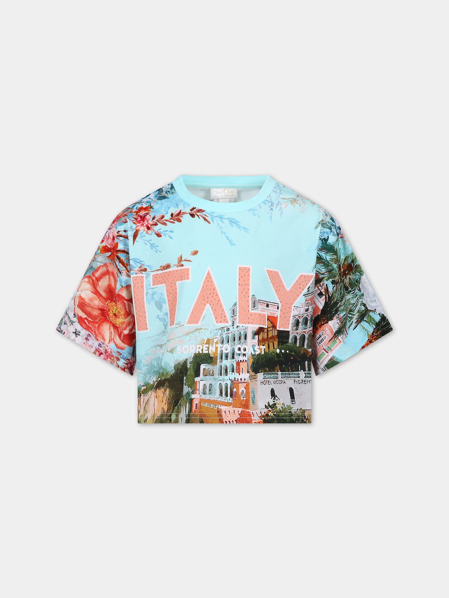 T-shirt celeste per bambina con stampa Sorrento,Camilla,00025669 FROMSORR