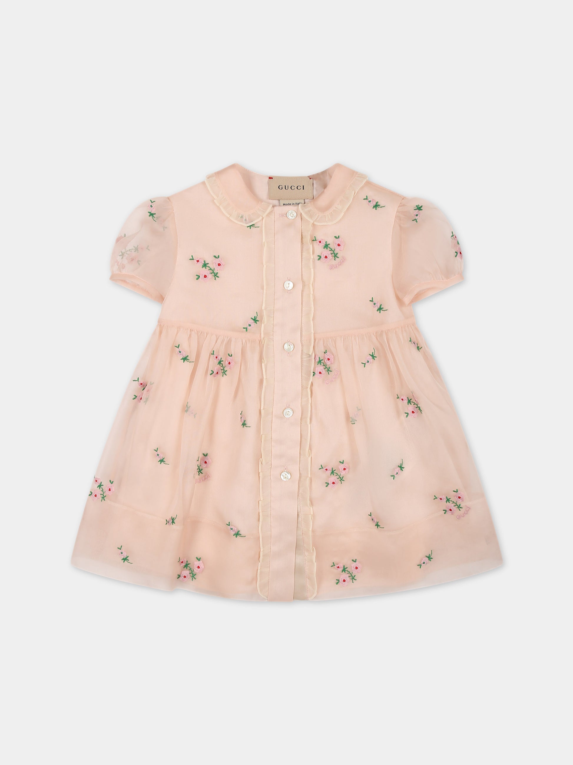 Vestito rosa per neonata con roselline ricamate all-over,Gucci Kids,772838 ZAPOM 5750