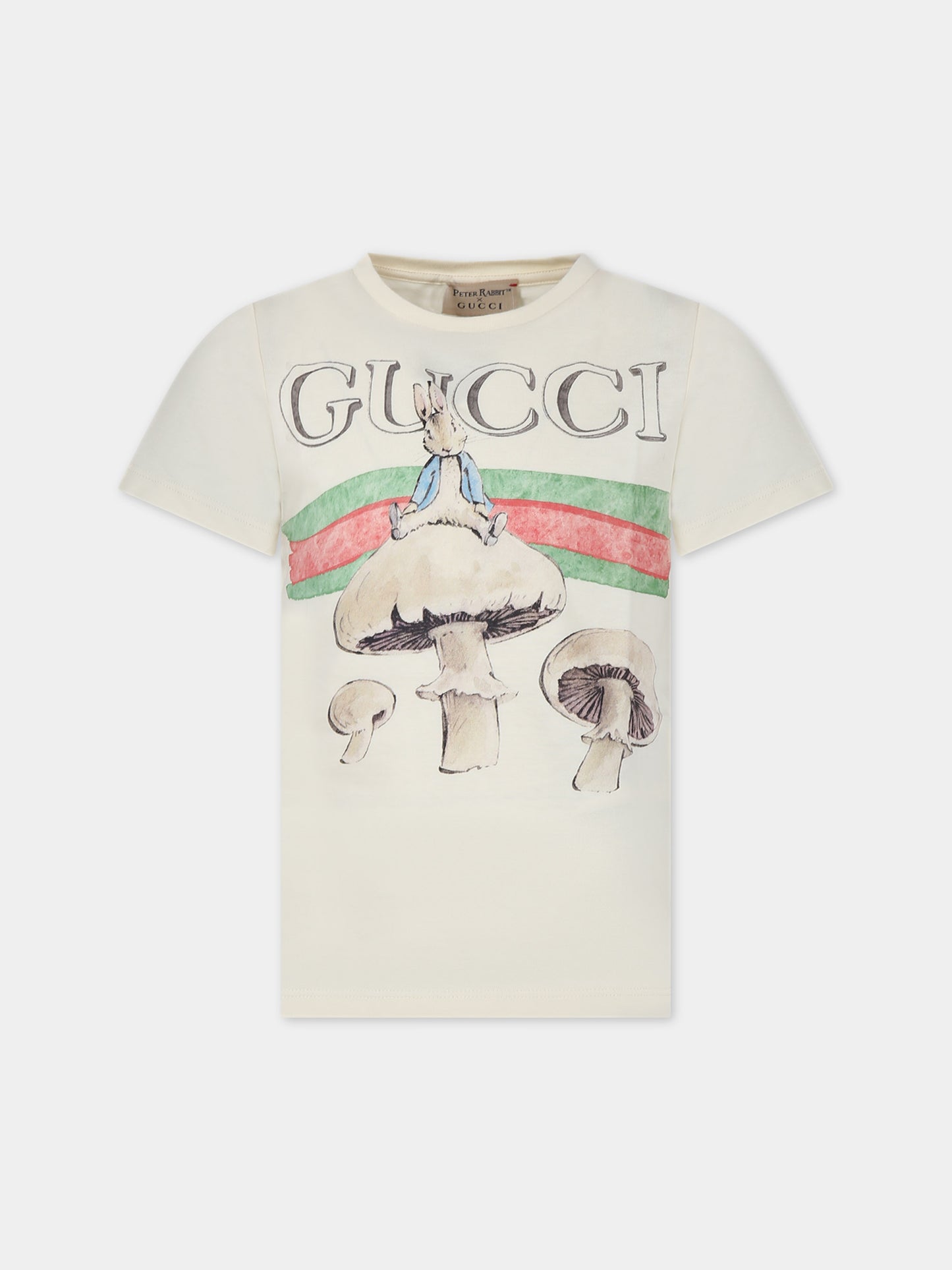 T-shirt avorio per bambini con funghi e Peter Rabbit,Gucci Kids,547559 XJF6A 9247