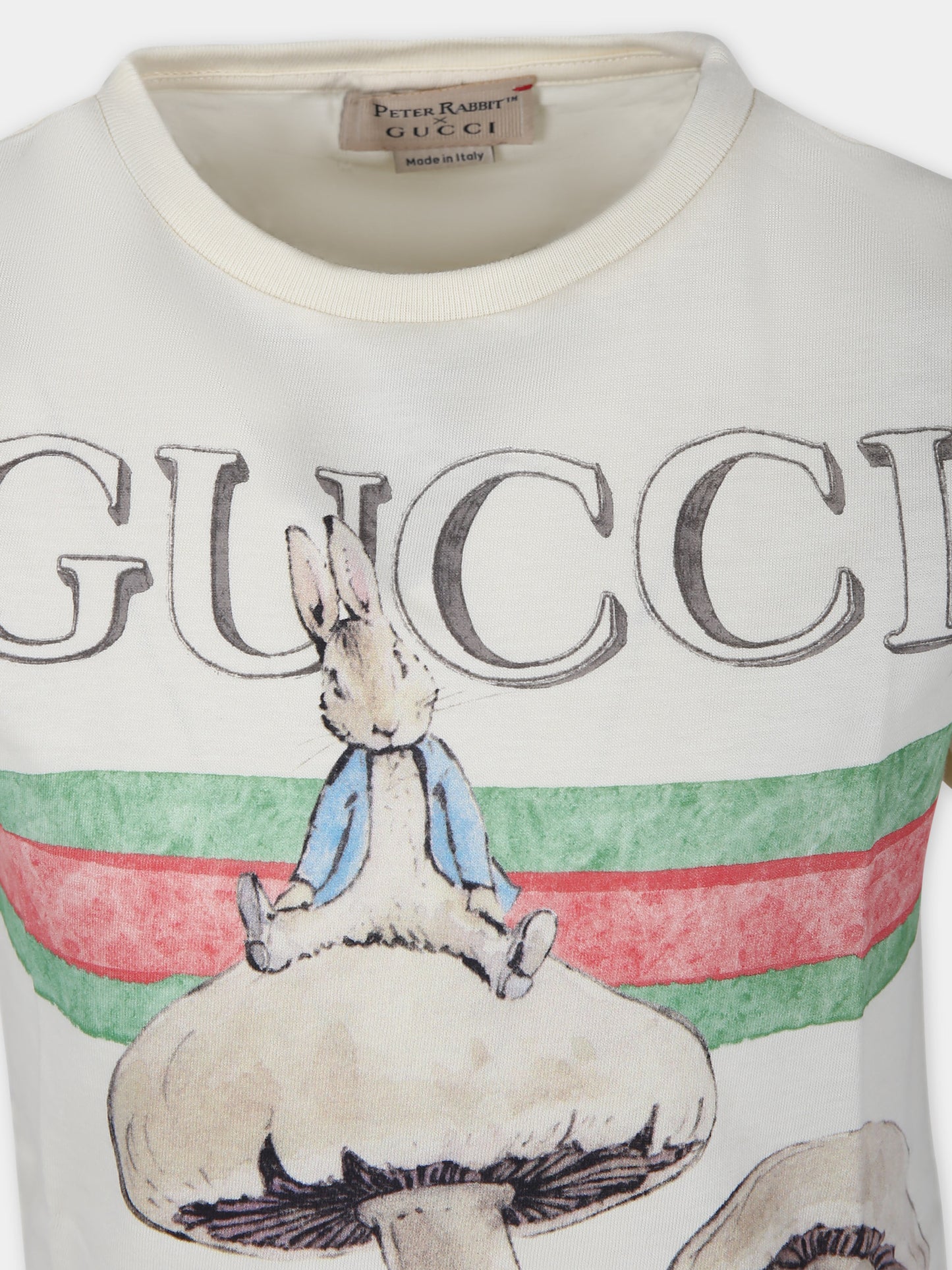 T-shirt avorio per bambini con funghi e Peter Rabbit,Gucci Kids,547559 XJF6A 9247