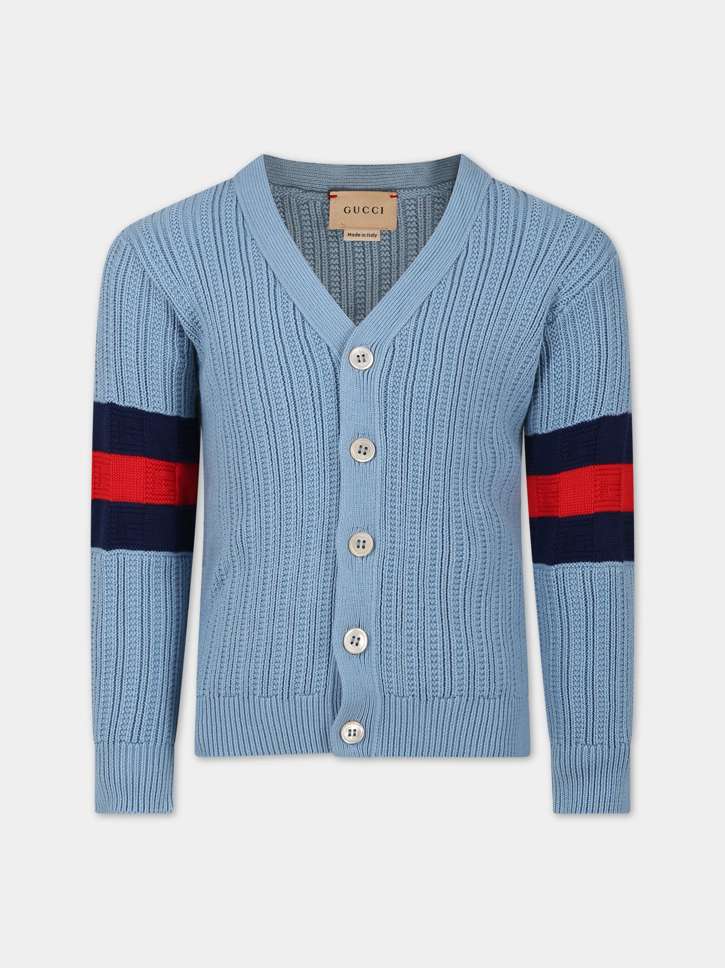 Cardigan celeste per bambino con motivo nastro Web,Gucci Kids,764115 XKDRX 4711