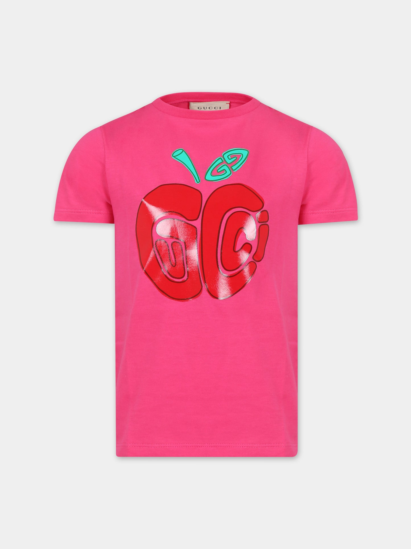 T-shirt fucsia per bambina con doppia G e mela,Gucci Kids,610190 XJF86 5716