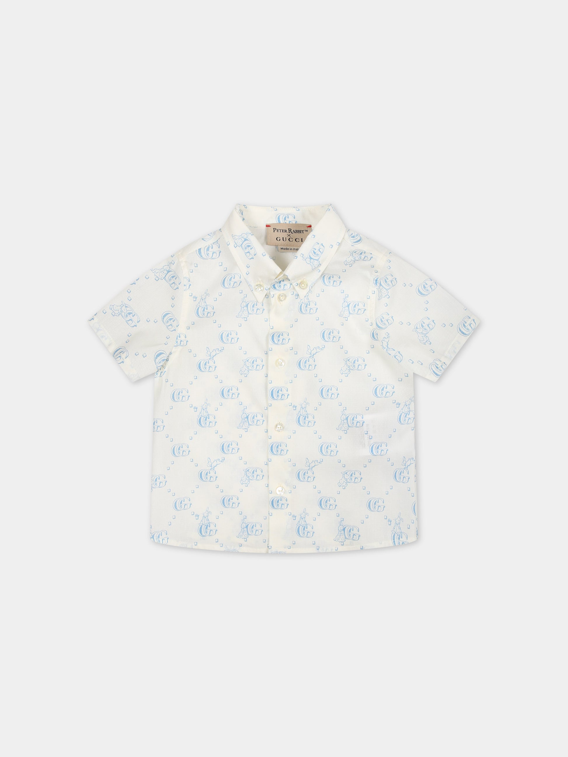 Camicia bianca per neonato con logo GG celeste e coniglio,Gucci Kids,770575 XWA0R 9183