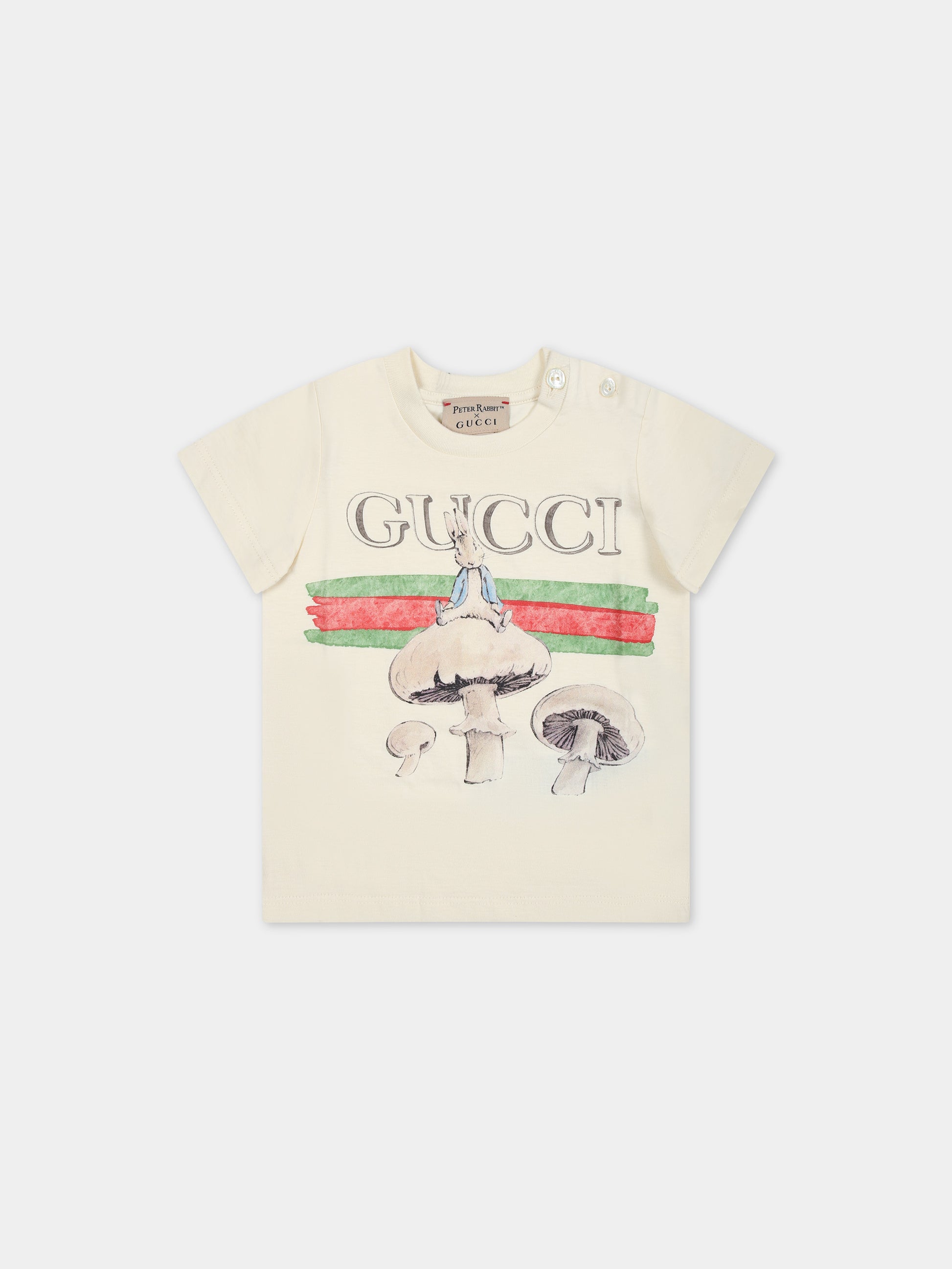 T-shirt avorio per neonato con funghi e Peter Rabbit,Gucci Kids,548034 XJF6A 9247