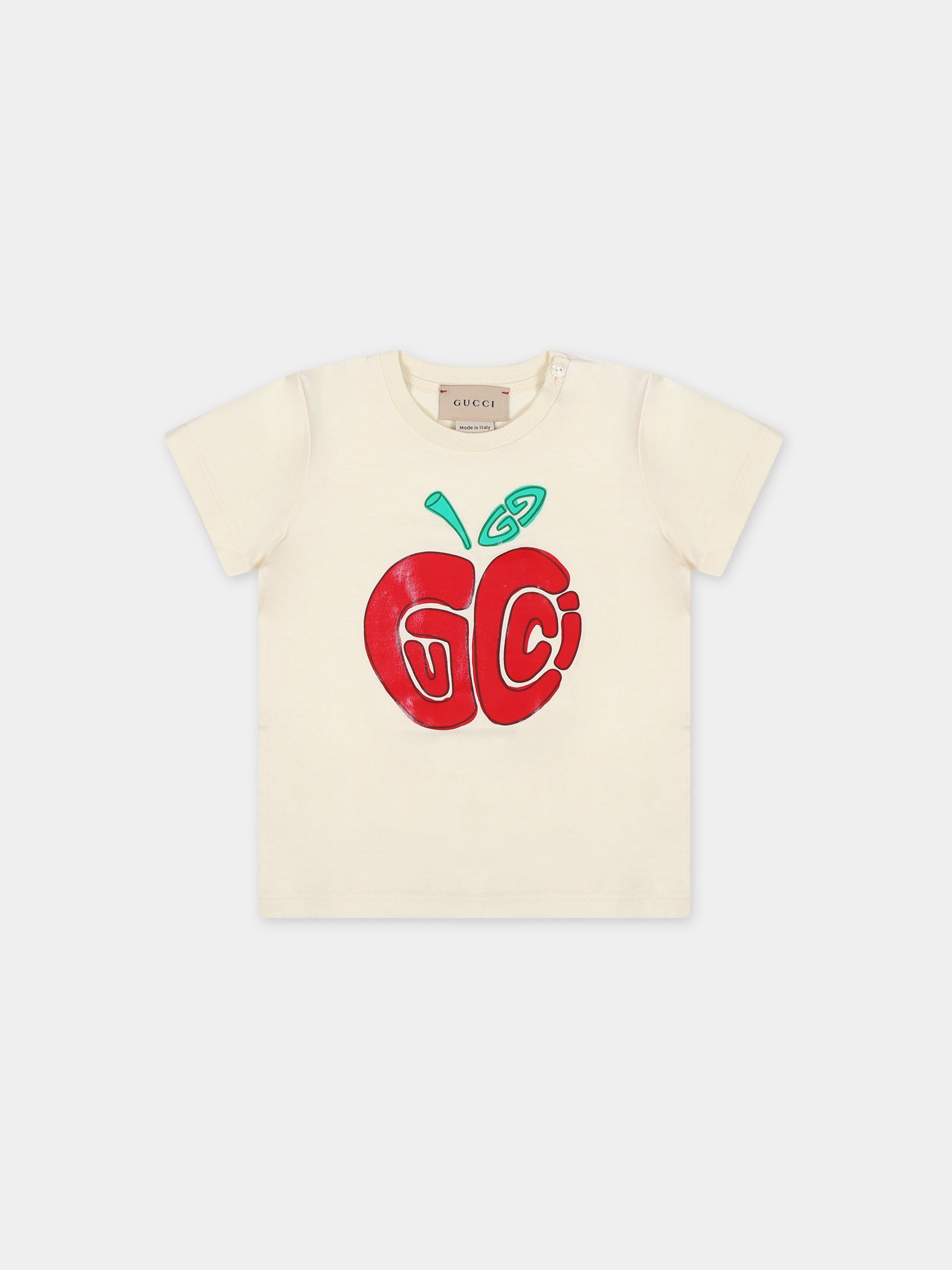T-shirt avorio per neonata con doppia G e mela,Gucci Kids,555675 XJF86 9398