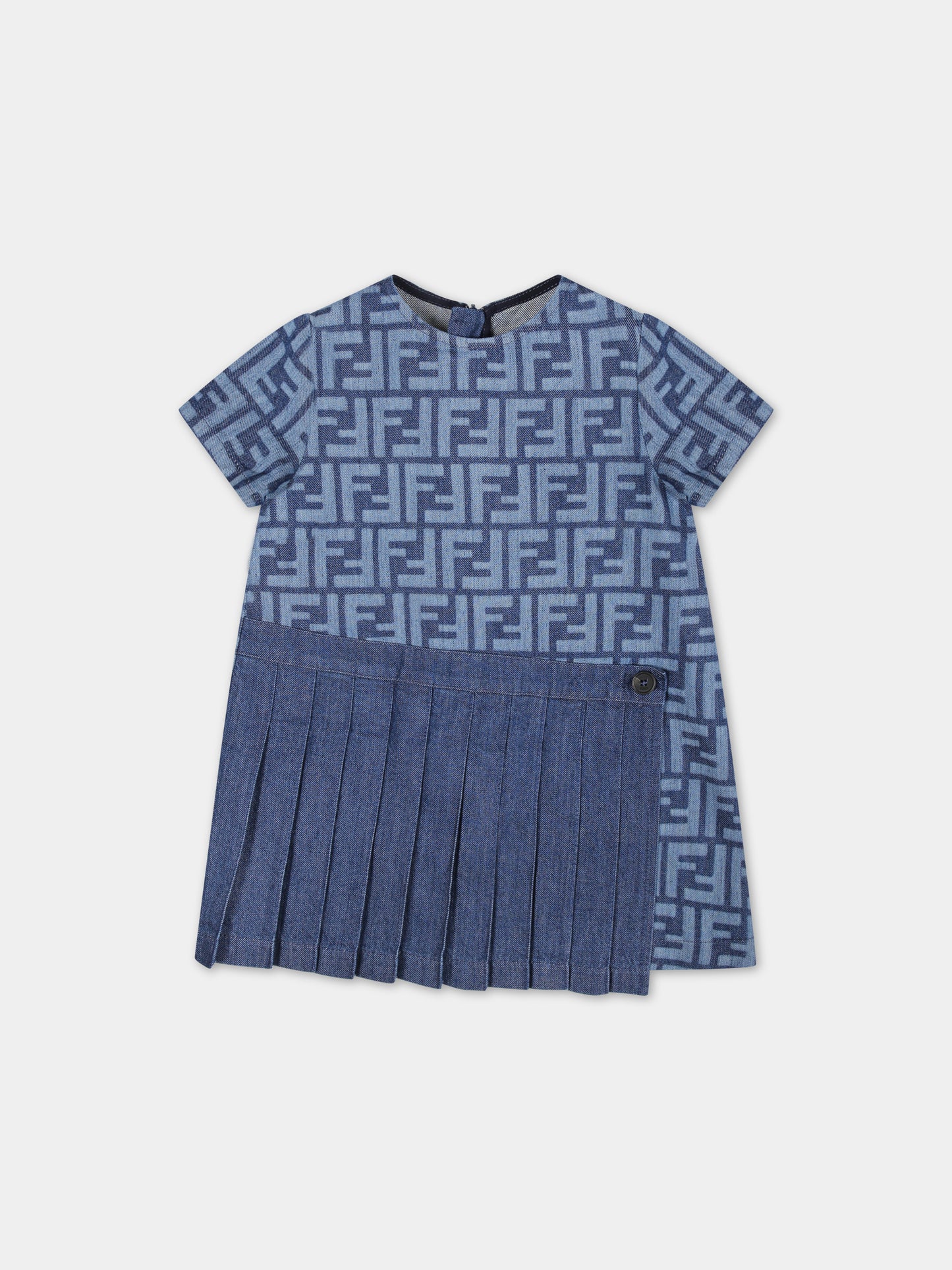 Vestito in denim per neonata con iconiche FF all-over,Fendi Kids,BFB488 AQSL F0QG0