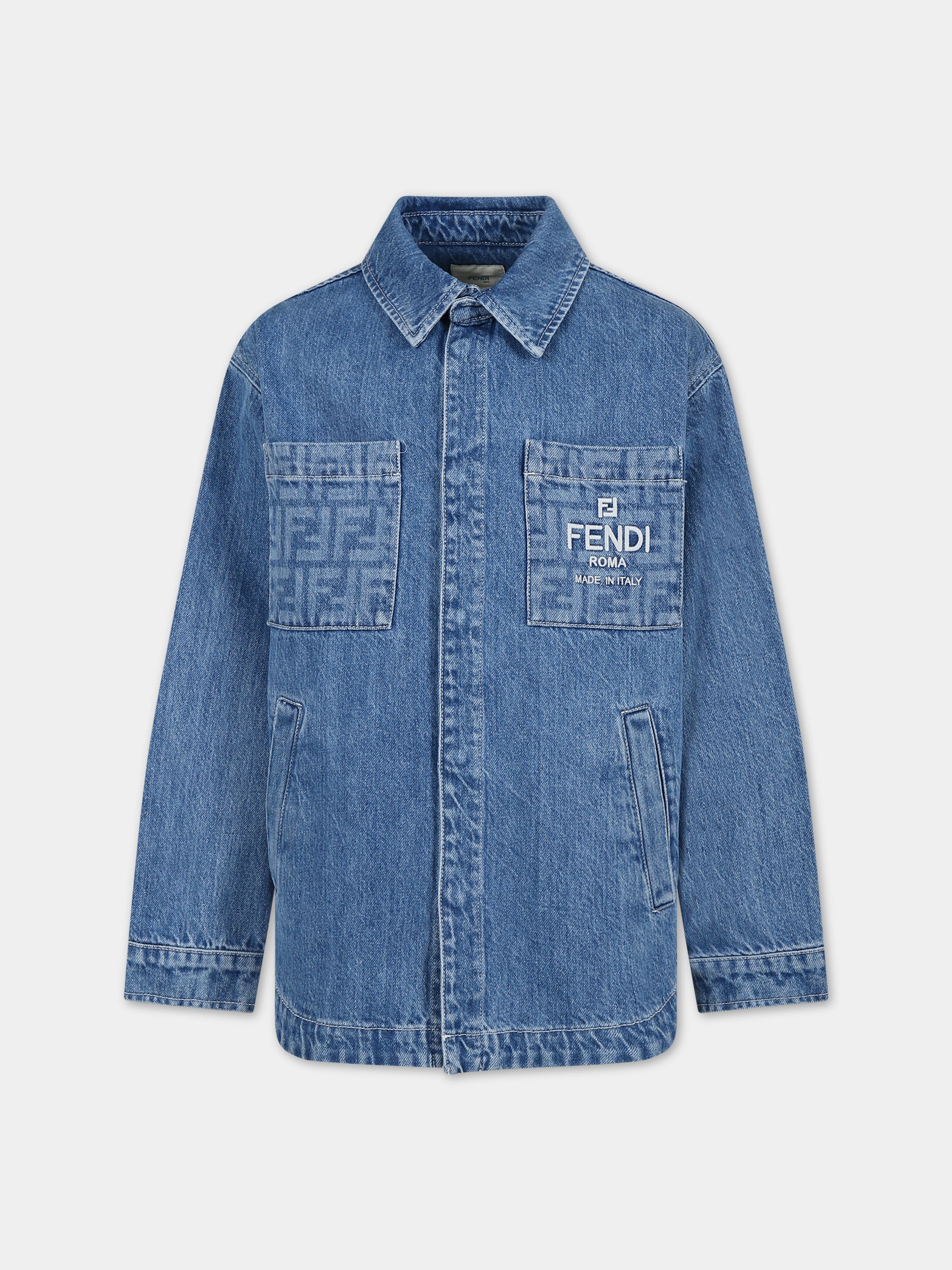 Giubbotto in denim per bambini con tasche con iconiche FF,Fendi Kids,JUA196 AMHX F0QG0