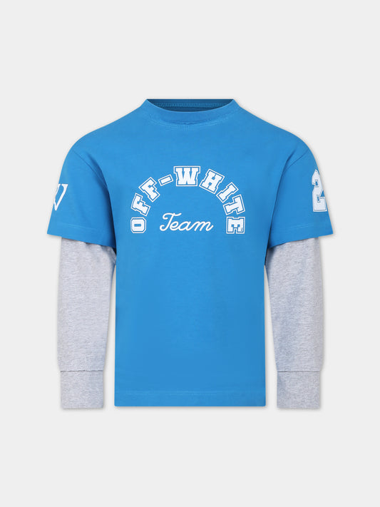 T-shirt azzurra per bambino con logo e numeri,Off White,OBAB004S24JER0014401