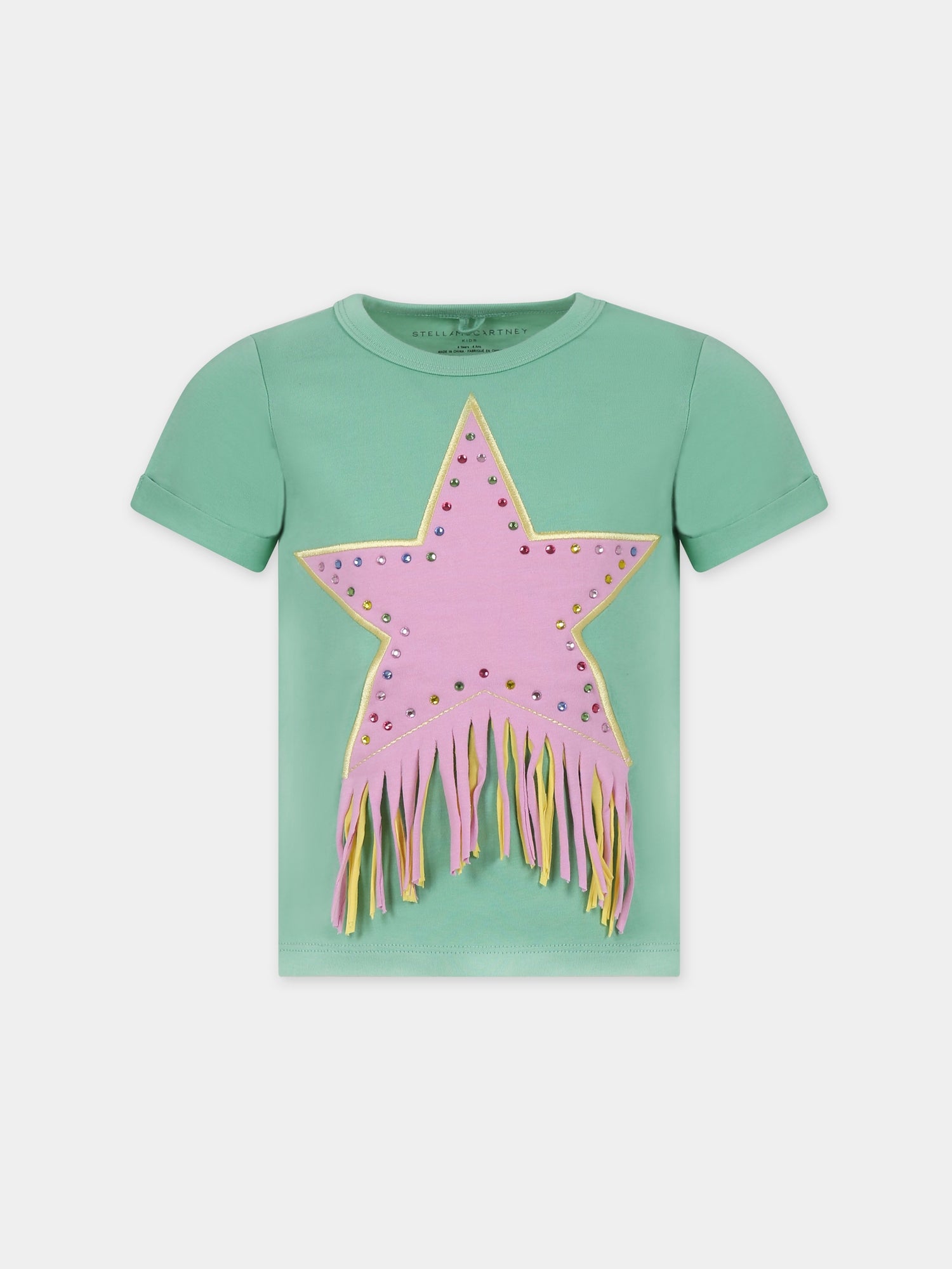 T-shirt verde per bambina con stella,Stella Mccartney Kids,TU8A61 Z0434 787