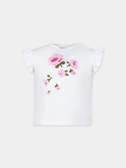 T-shirt bianca per neonata con rose,Simonetta,SU8000 J0209 101RS