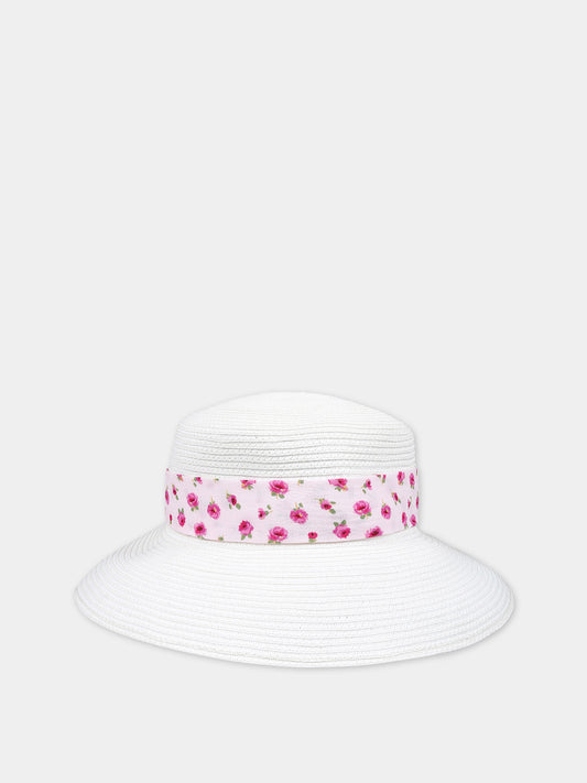 Cappello di paglia bianco per bambina con fiori,Simonetta,SU0A77 Z1979 101RS