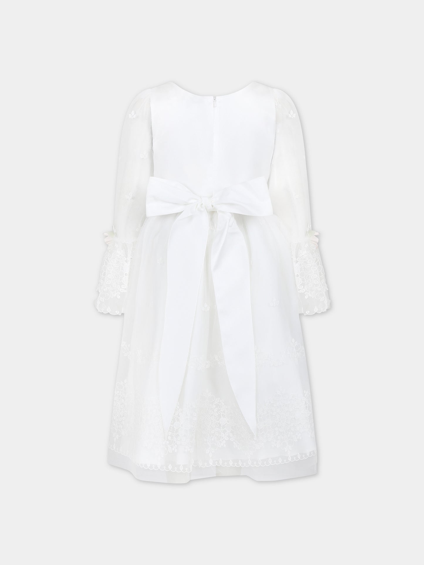 Vestito bianco per bambina con ricami e fiori,Monnalisa,71C914 3972 0001