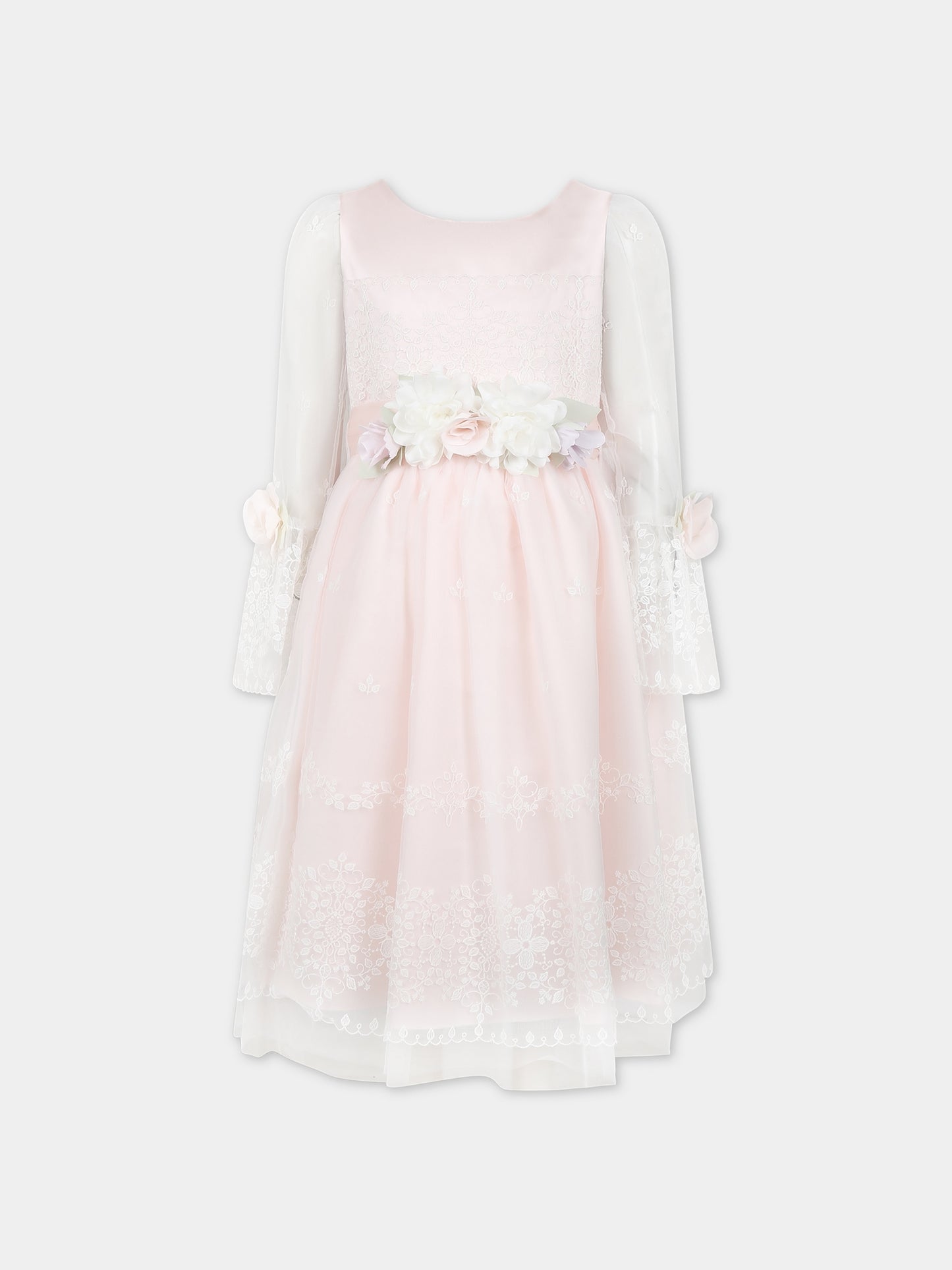 Vestito rosa per bambina con ricami e fiori,Monnalisa,71C914 3972 0092