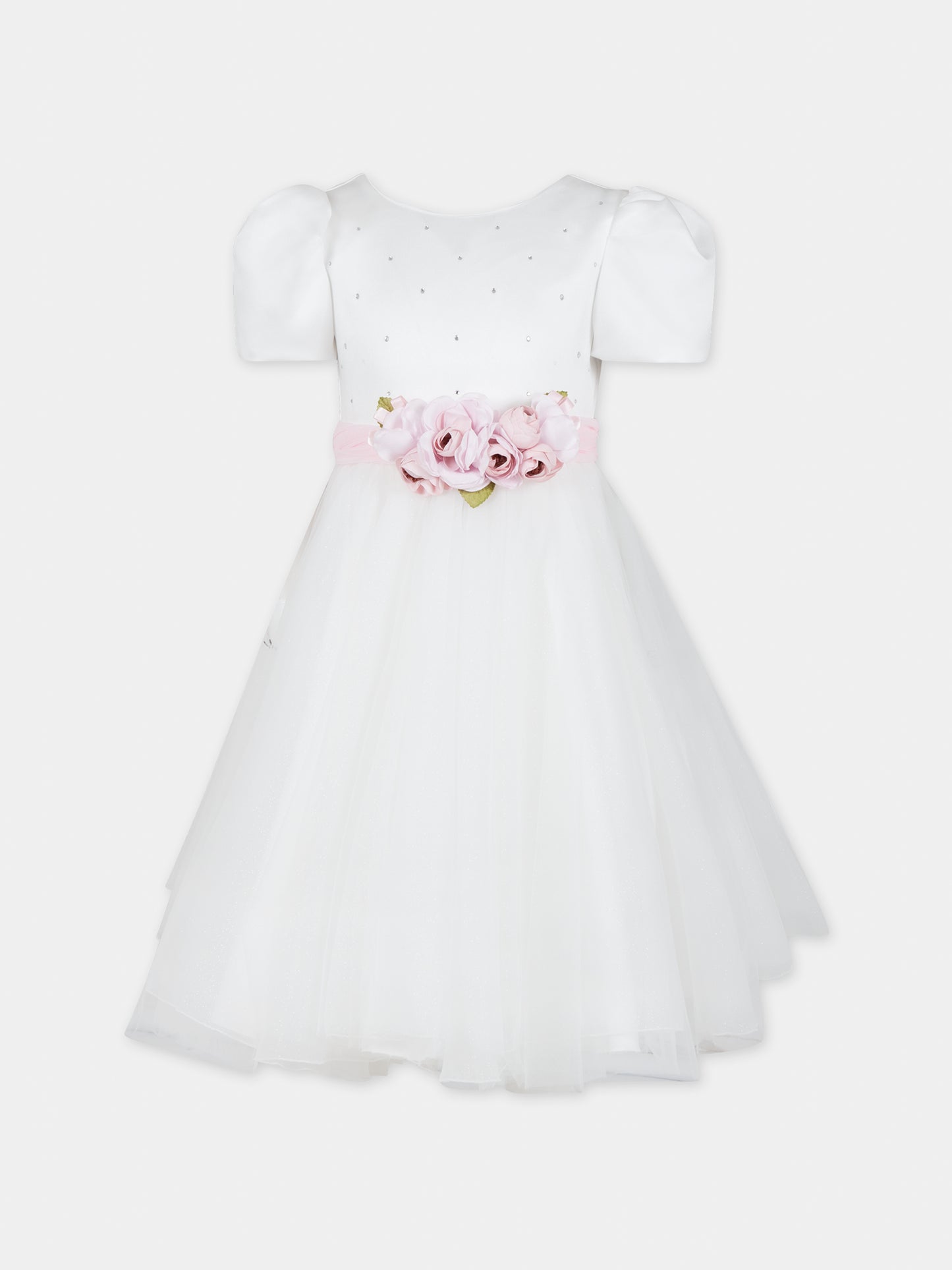 Vestito bianco per bambina con fiori e strass,Monnalisa,71C905 3121 0191