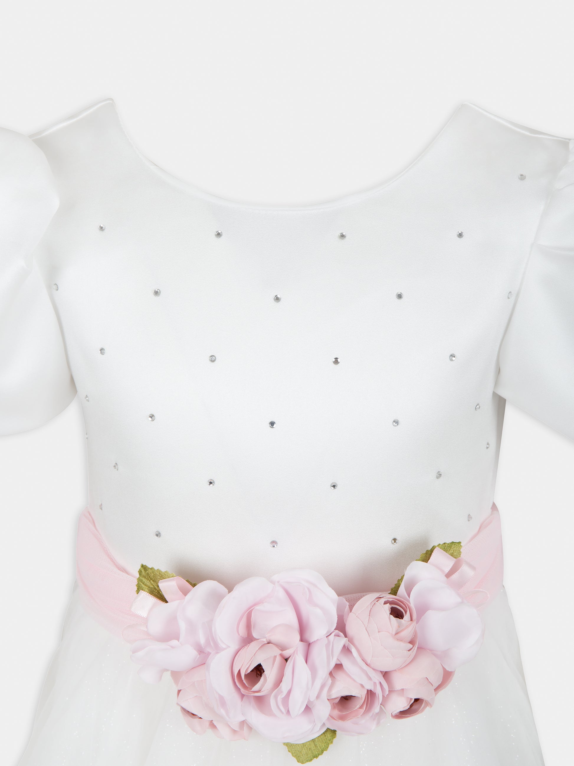 Vestito bianco per bambina con fiori e strass,Monnalisa,71C905 3121 0191