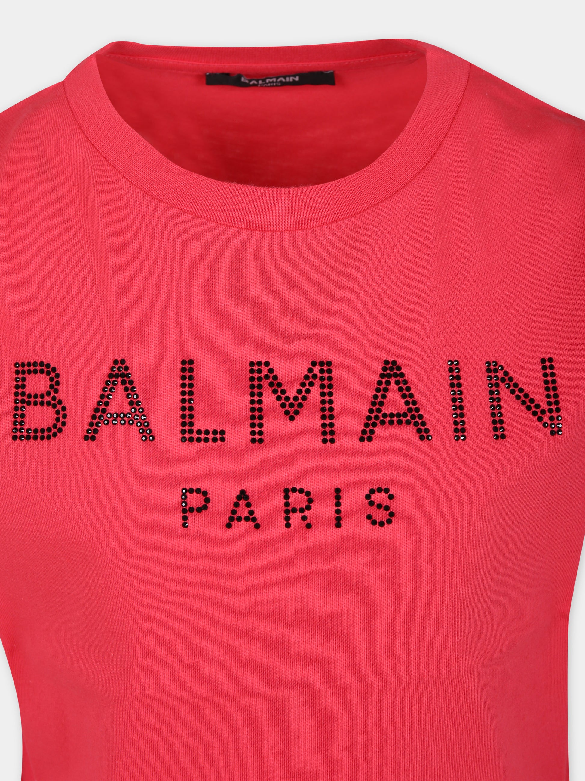 T-shirt fucsia per bambina con logo e strass,Balmain Kids,BU8A91 Z0057 50E