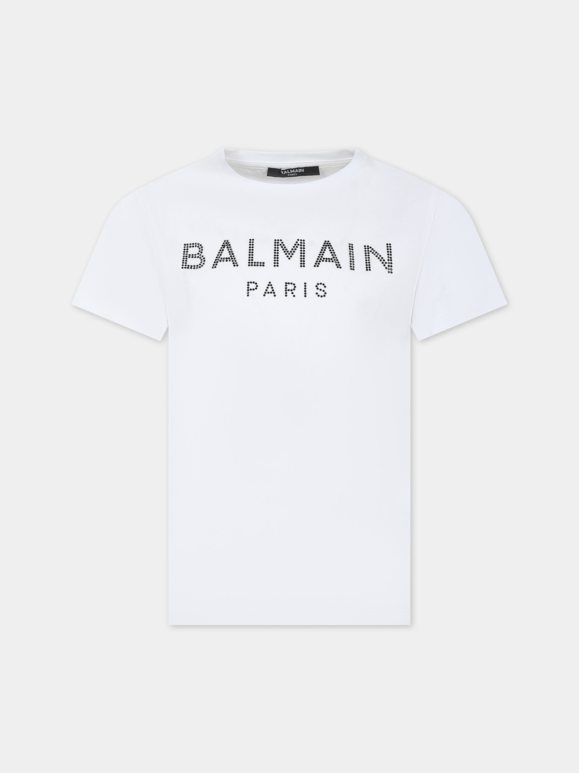 T-shirt bianca per bambina con logo e strass,Balmain Kids,BU8A91 Z0057 100NE