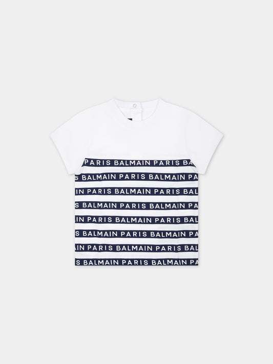 T-shirt bianca per neonato con righe blu e logo,Balmain Kids,BU8571 Z1911 100BL