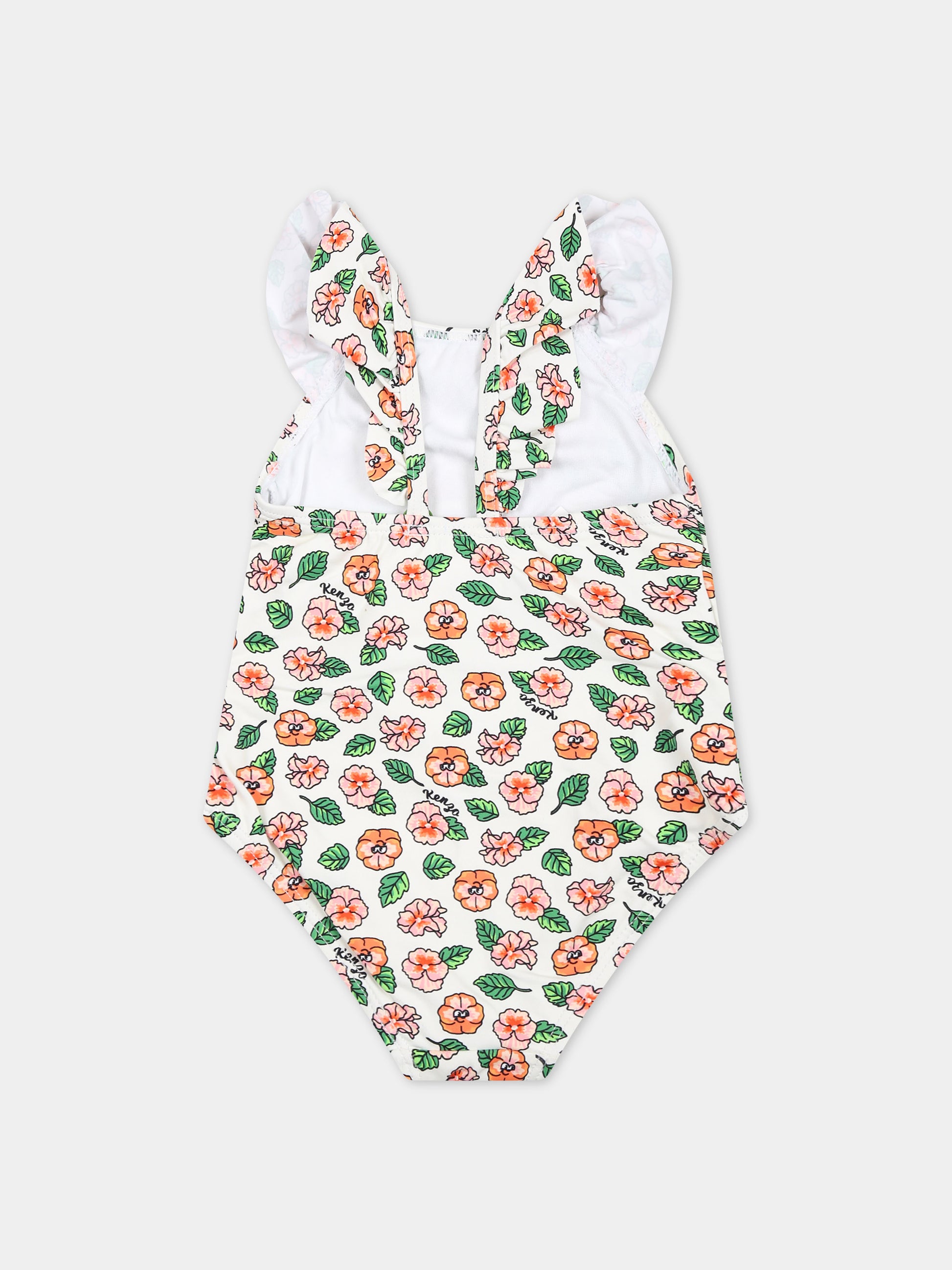 Costume intero bianco per neonata con stampa floreale,Kenzo Kids,K60098 12P