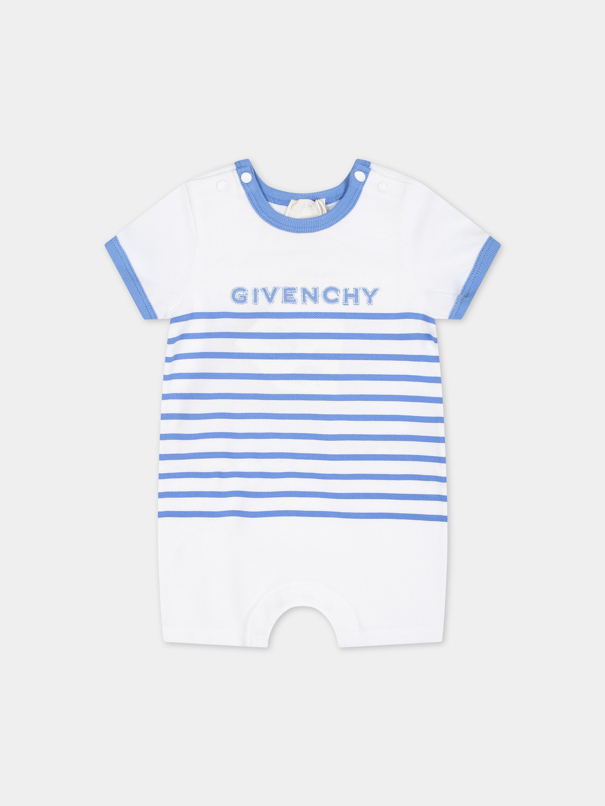 Pagliaccetto celeste per neonato con righe e logo,Givenchy Kids,H30235 824