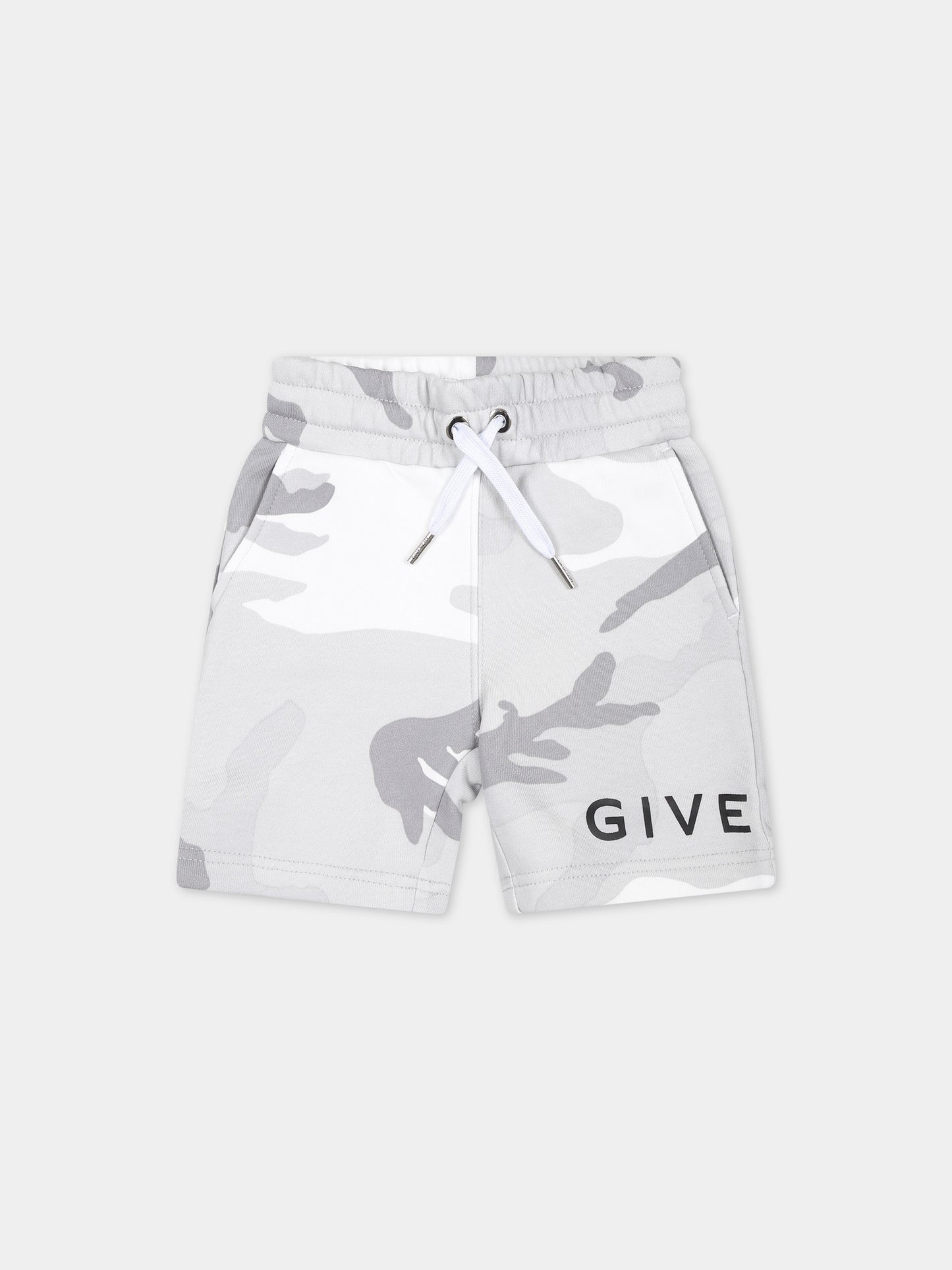Shorts grigi per neonato con logo e stampa mimetica,Givenchy Kids,H30222 M01