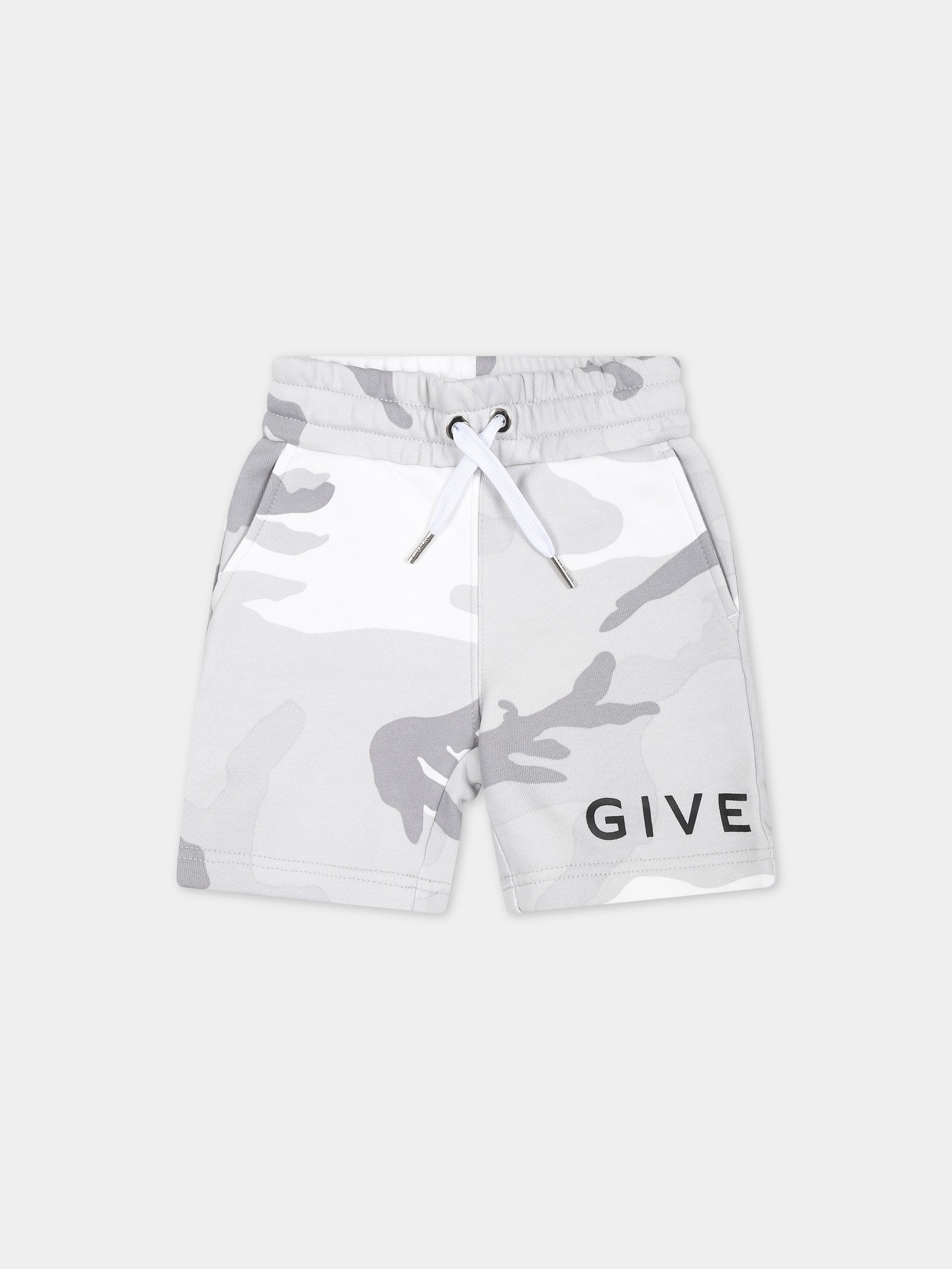 Shorts grigi per neonato con logo e stampa mimetica,Givenchy Kids,H30222 M01