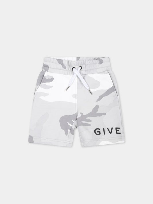 Shorts grigi per neonato con logo e stampa mimetica,Givenchy Kids,H30222 M01