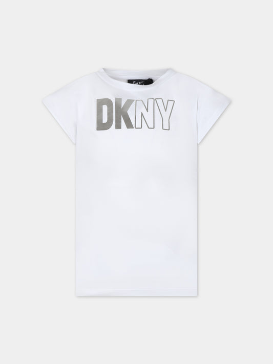 T-shirt bianca per bambina con logo argentato,Dkny,D60091 10P