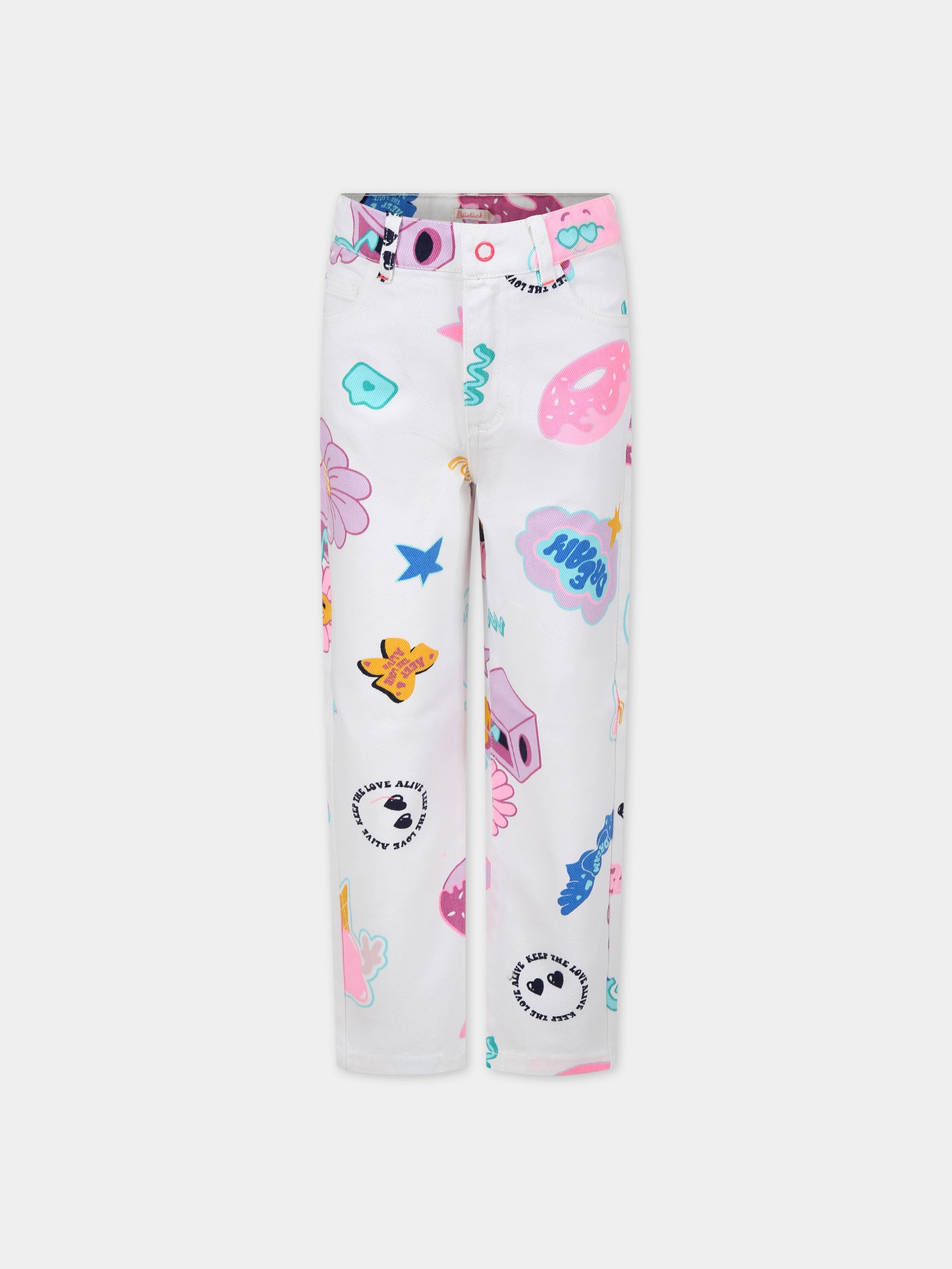 Jeans bianco per bambina con fantasia multicolor,Billieblush,U20129 Z41