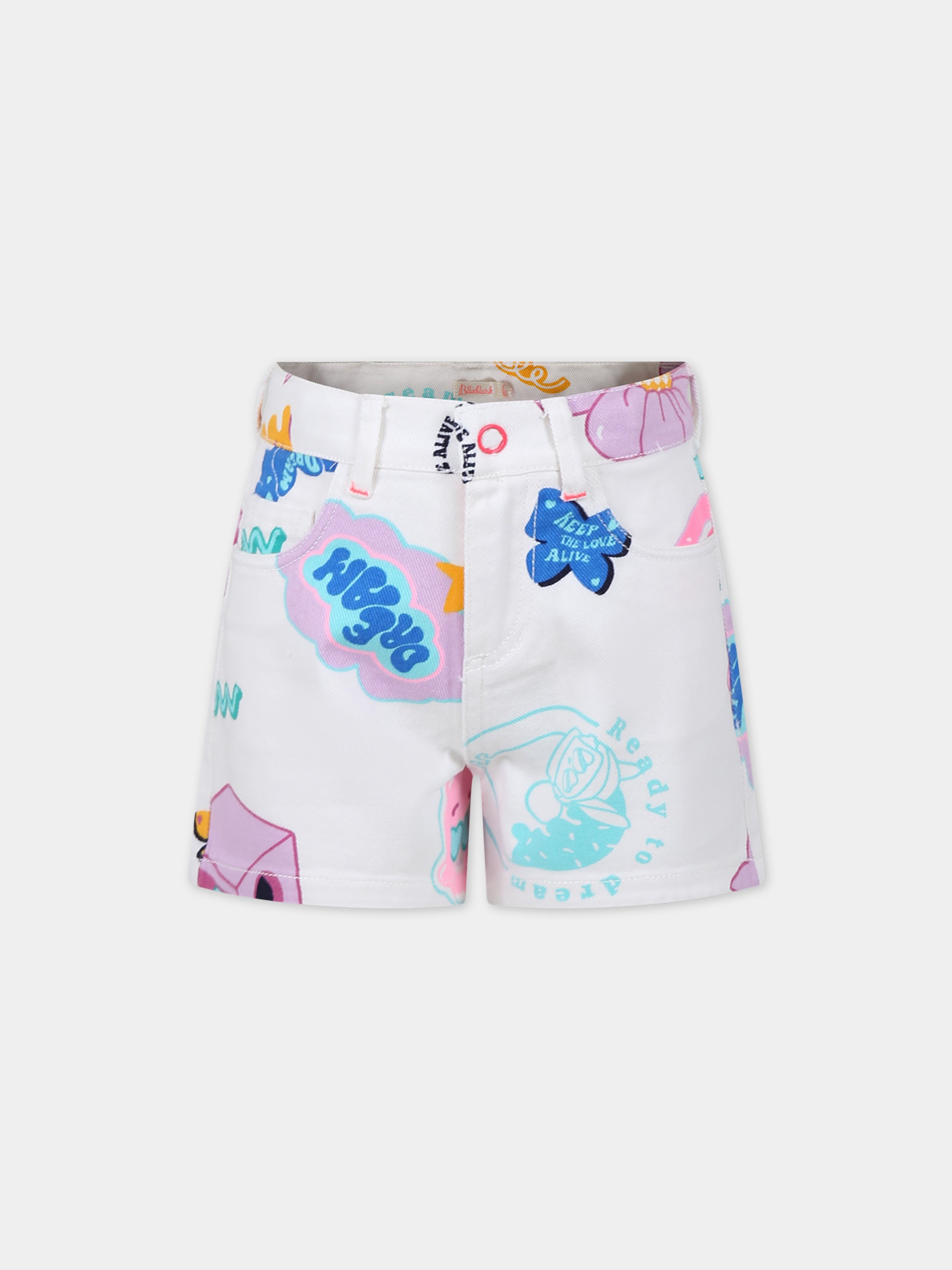 Shorts bianco per bambina con fantasia multicolor,Billieblush,U20116 Z41
