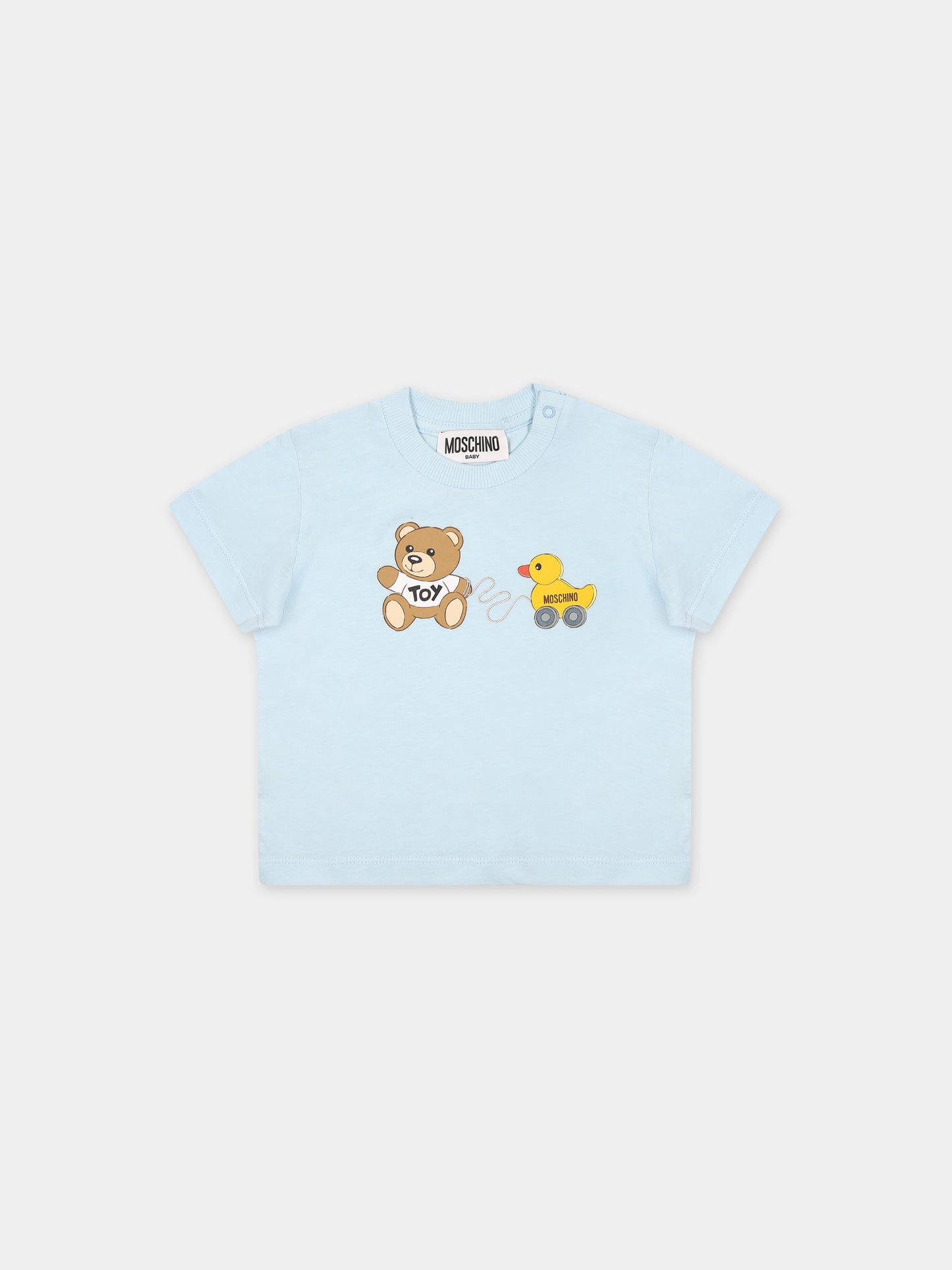 T-shirt celeste per neonato con Teddy Bear e paperella,Moschino Kids,MVM032 LAA03 40304