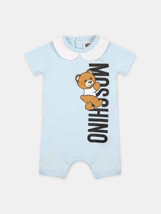Pagliaccetto celeste per neonato con Teddy Bear e logo,Moschino Kids,MUY06L LAA17 40304