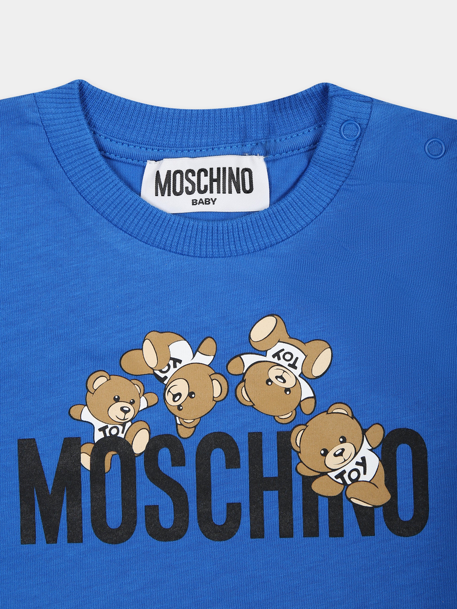 T-shirt blu per neonato con Teddy Bears e logo,Moschino Kids,MWM032 LAA03 40289